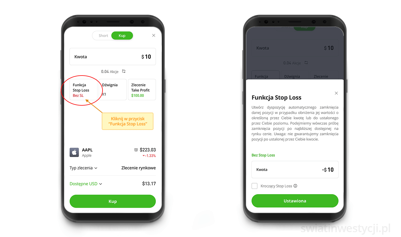 Przykład ustawienia Stoploss na platformie eToro.