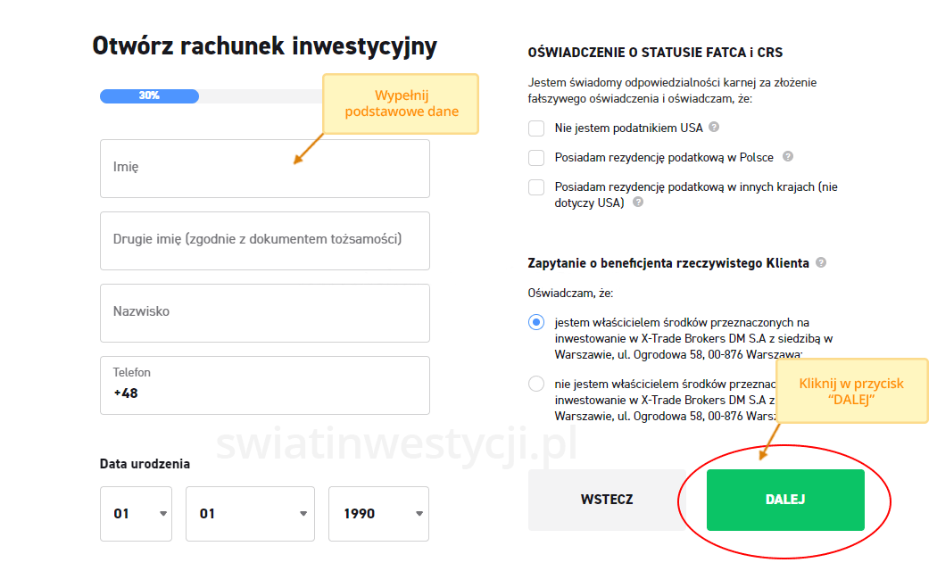 Wypełnić podstawowe dane