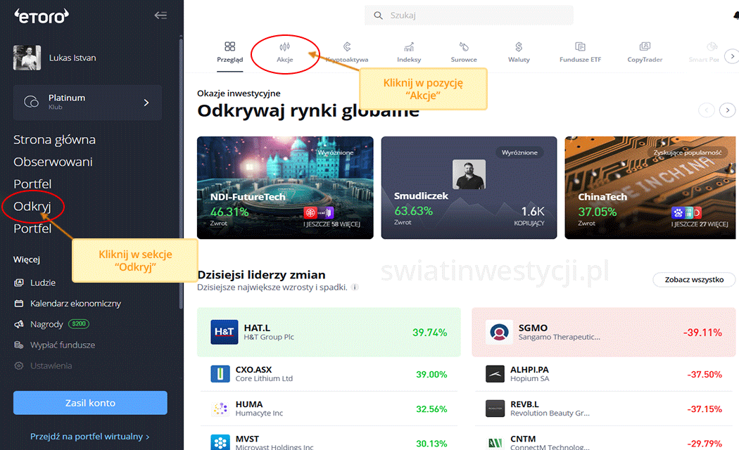 Szczegółowe instrukcje kupowania akcji w eToro