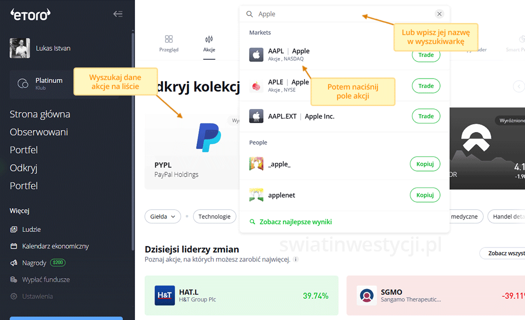 Kliknij na Trade, opłaty za brak aktywności