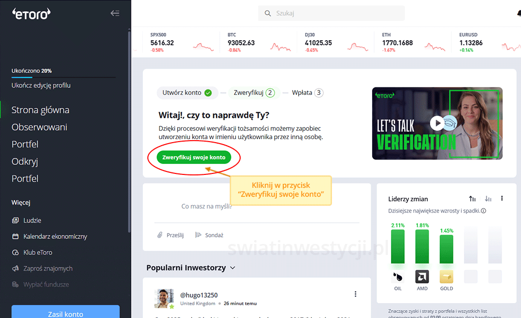 uzupełnij profil, doświadczenie eToro z brokerem