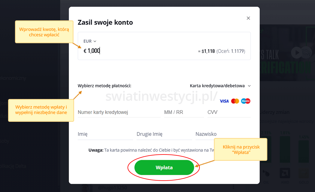 Kliknij na przycisk wpłata