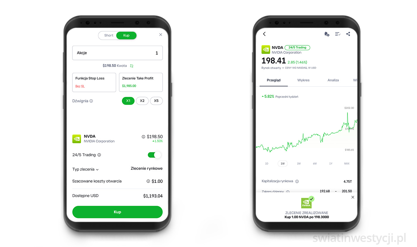Przykład składania zlecenia w aplikacji eToro